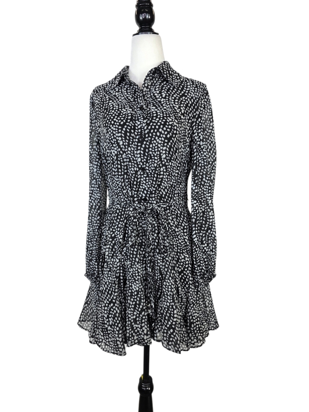 Zara fit flare chiffon Black Dress White Dot Print Long Sleeve mini tie waist